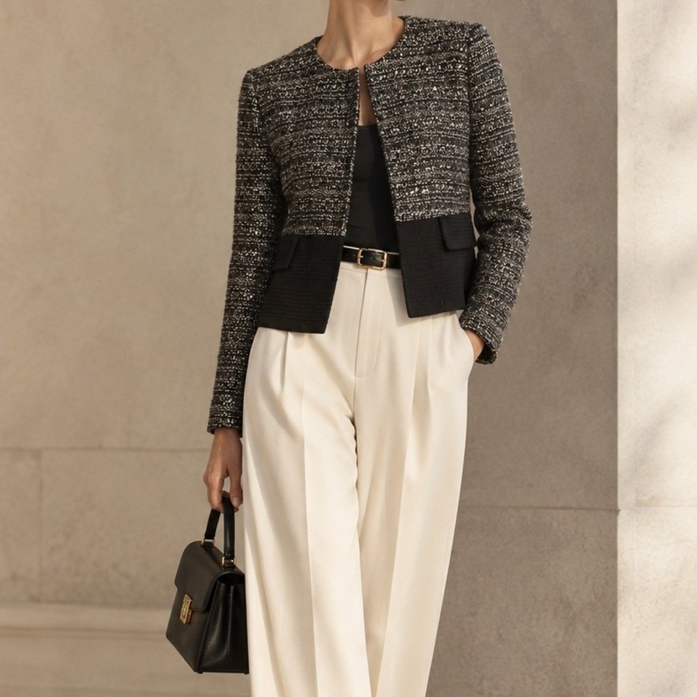 Tory Burch Grey Black Metallic Tweed Peplum Cropped Jacket Sz 8 Wool Alpaca
